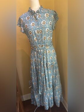 Oliphant ruffle collar button up maxi belted dress. Large